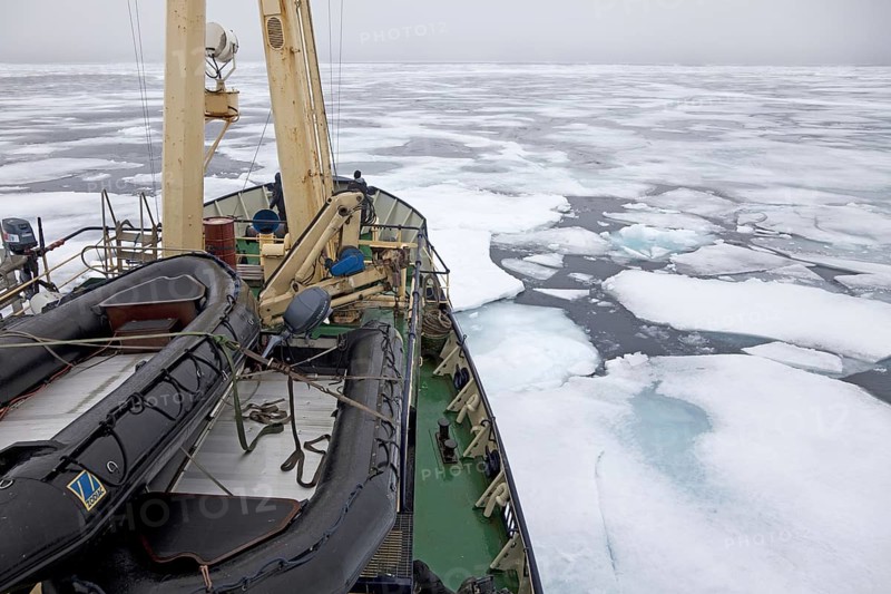 Icebreaker with Zodiac inflatable boats with rigid hull on deck