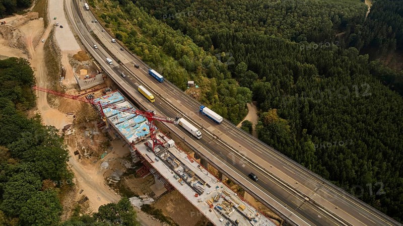 Aerial view of the construction work on the Pfaedchensgraben bridge on the A61 motorway near Rheinboellen