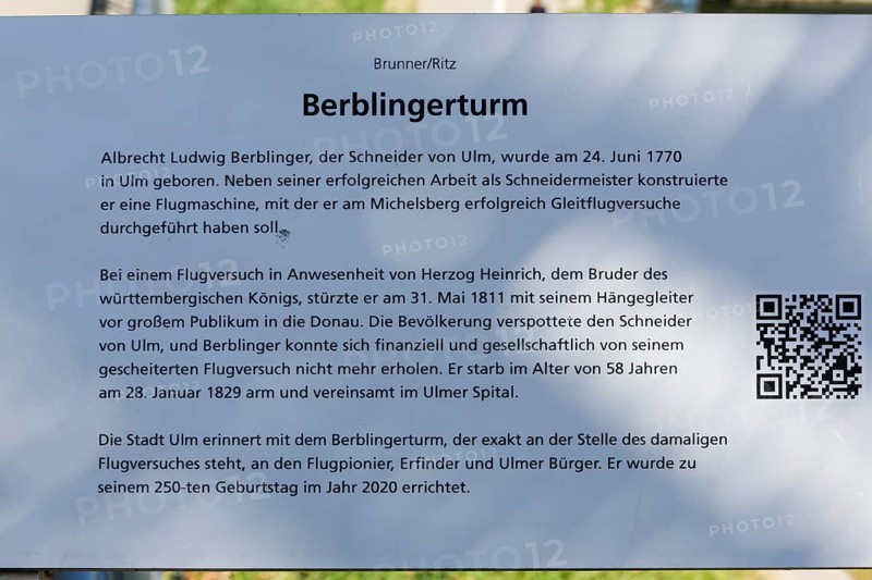 Information board at the Berblinger Tower in honour of the tailor of Ulm