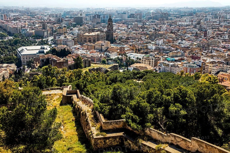 View from Castillo del Gibralfaro Castle on Old Town and Cathedral