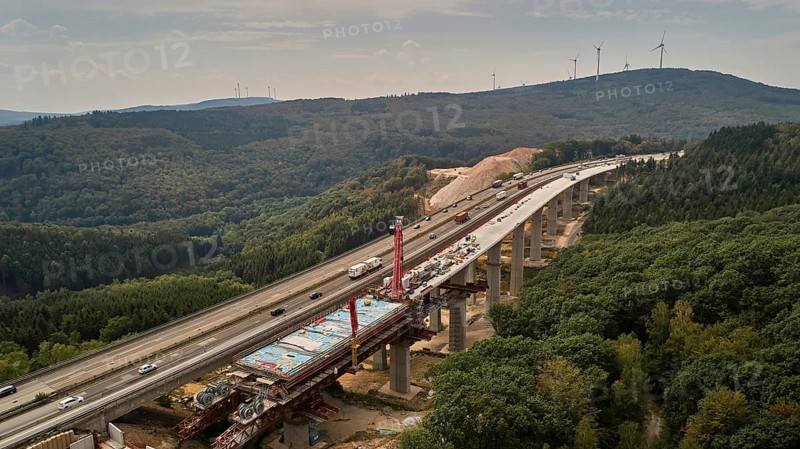 Aerial view of the construction work on the Pfaedchensgraben bridge on the A61 motorway near Rheinboellen