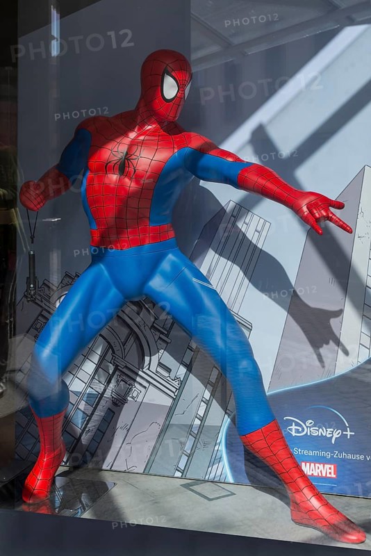 Spider-Man as an advertising figure in a shop window