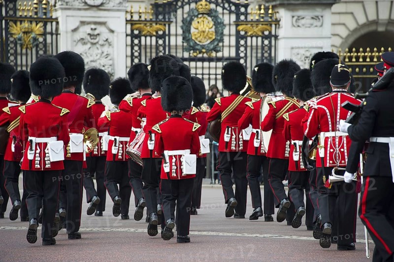 Band of Welsh Guardsmen in ceremonial uniforms