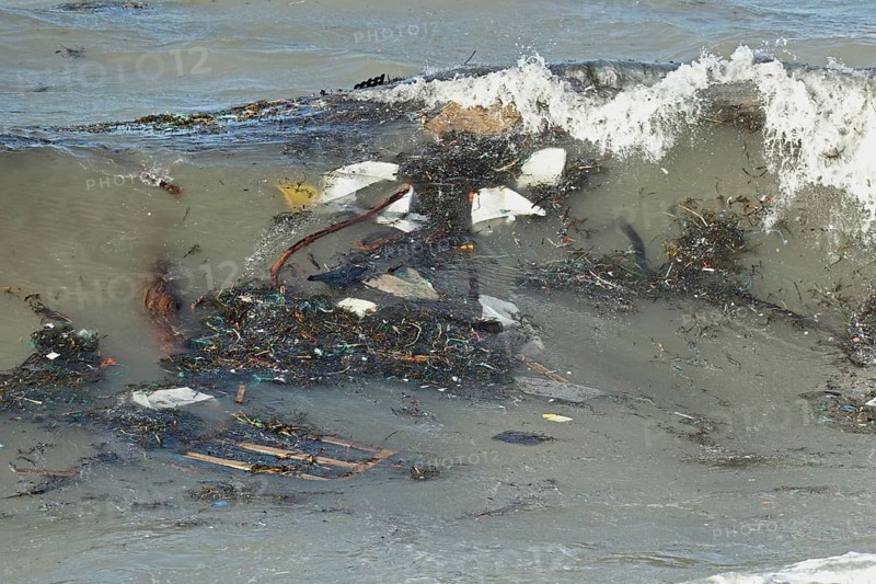 Marine litter washing ashore on wave