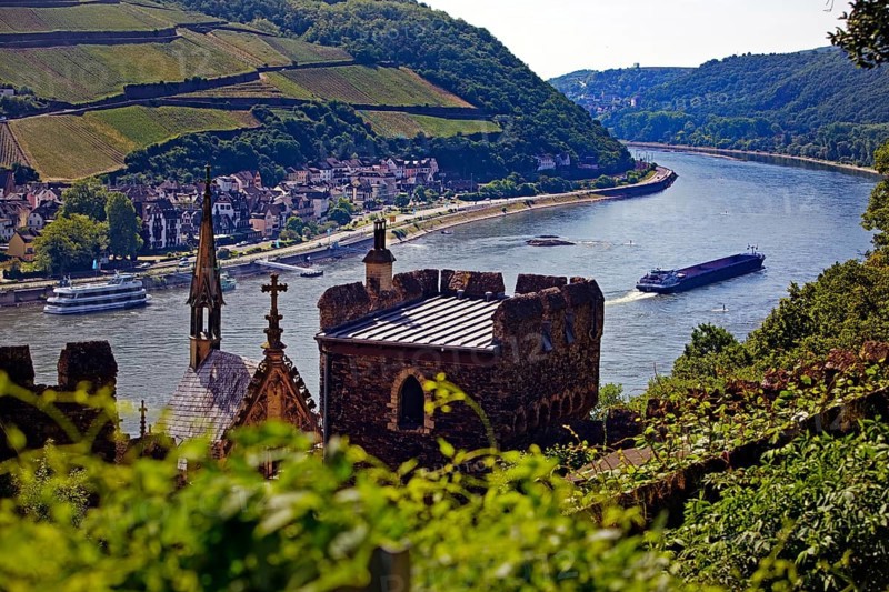 View over Rheinstein Castle to the Rhine and the village of Ruedesheim-Assmannshausen