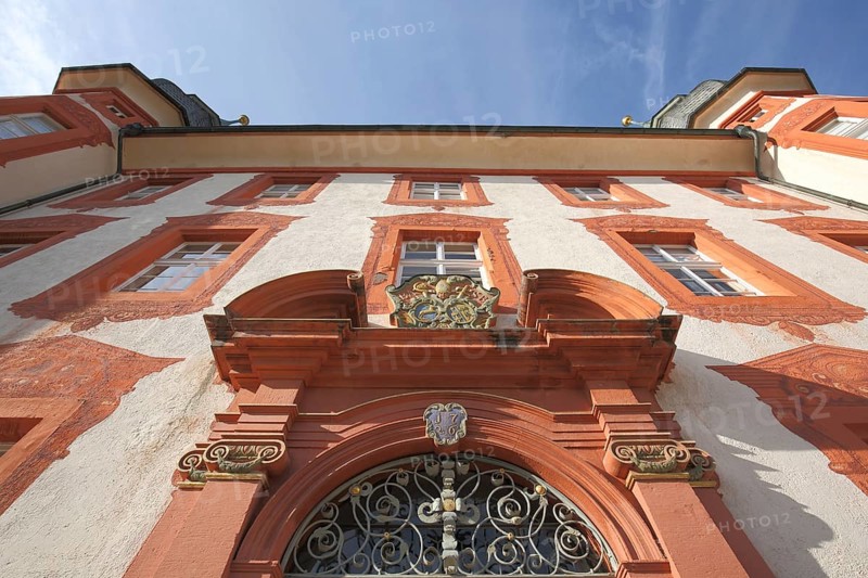 Entrance and facade of the baroque castle with view to the sky in Bonndorf