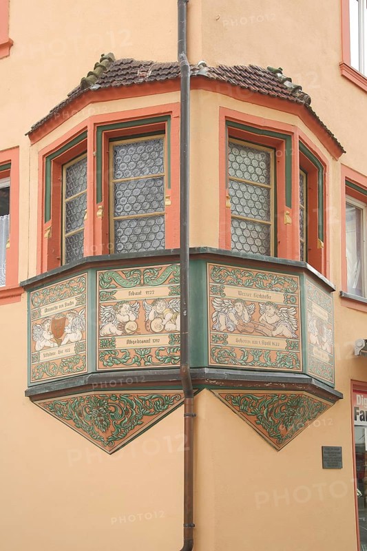 Ornate bay window with mural in Rheinbrueckenstrasse