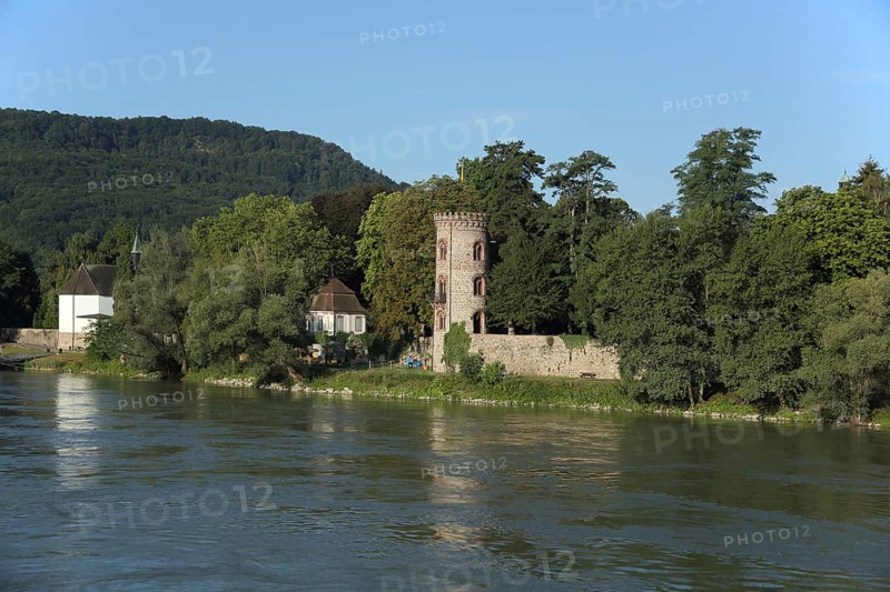 View of the Rhine bank with historic Thieves' Tower and tea house