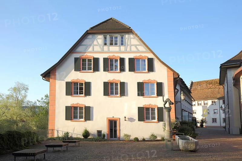 Historic building on the town hall square with Hiddigeigei fountain in Bad Saeckingen