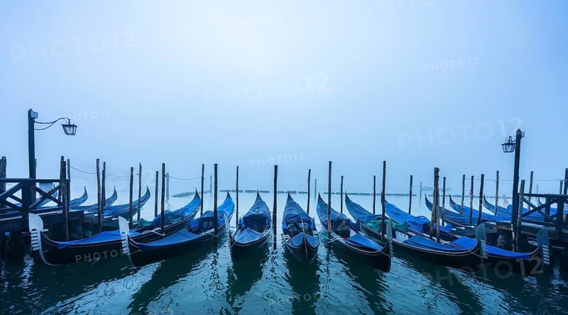 Gondola harbour in the morning mist at St Mark's Square
