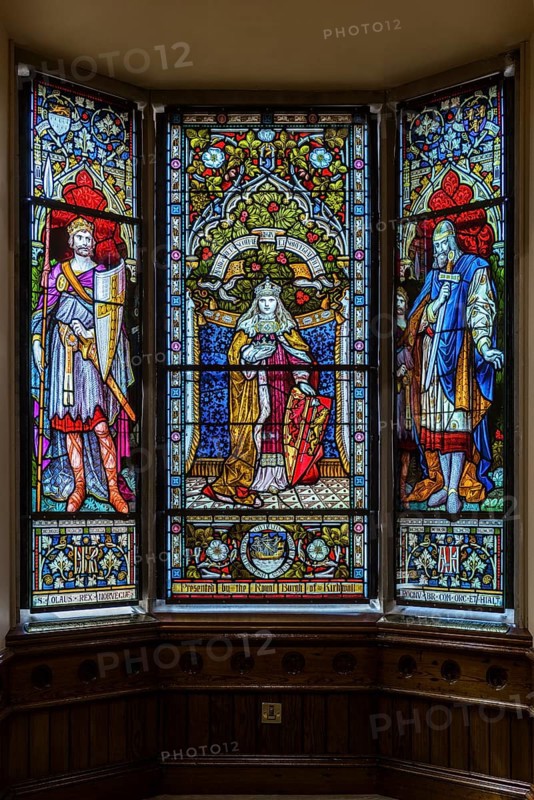 Leaded glass in the Town Hall showing Saint Olaf