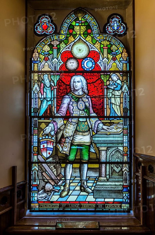 Leaded glass in the Town Hall showing Charles Sholto