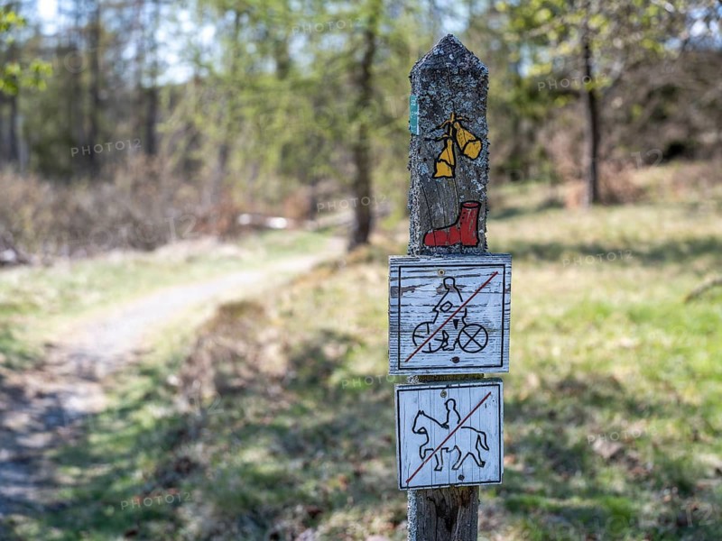 Wooden posts with trail markings and symbols for the Hagenstein Route