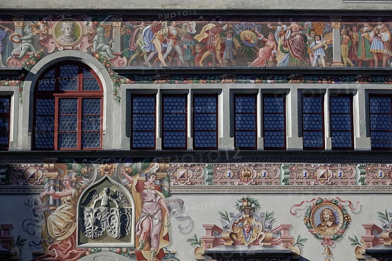 Old town hall in Gothic style with picture friezes