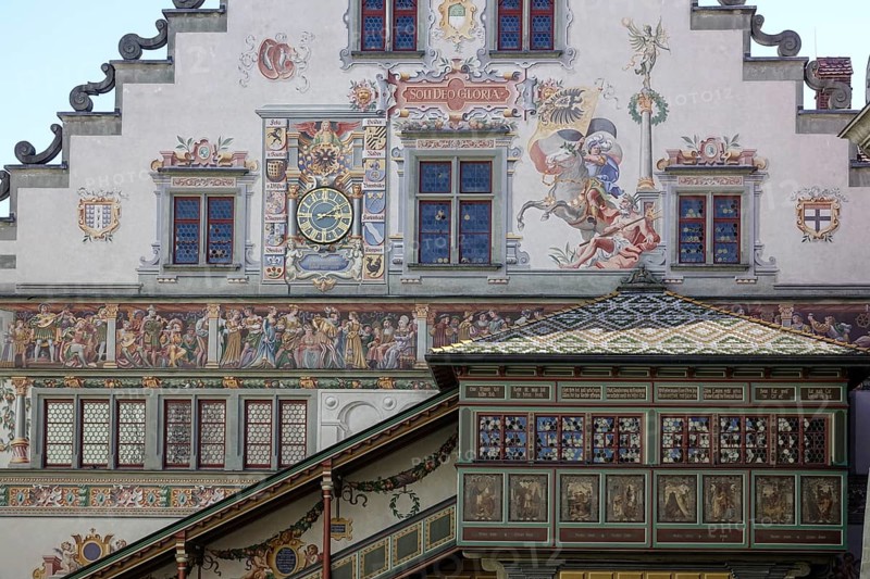 Old town hall in Gothic style with picture friezes and oriel