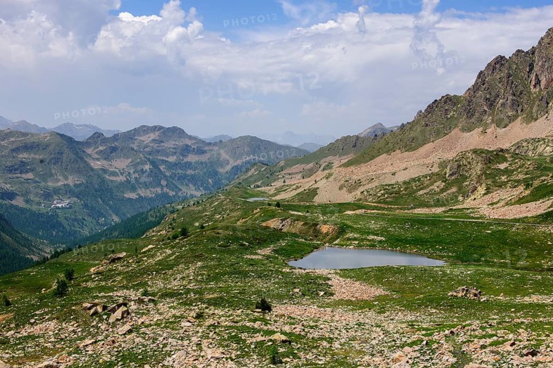 View of 2350 metre high Passo Lombarda pass above tree line on the French-Italian border