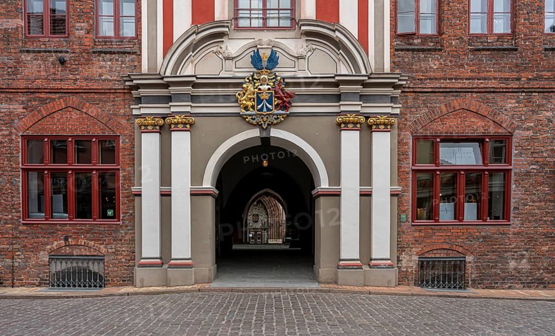 Baroque portal of Stralsund Town Hall with the historic coat of arms