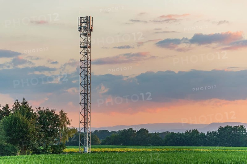 Telecom antenna in countryside in summer at sunset. Alsace