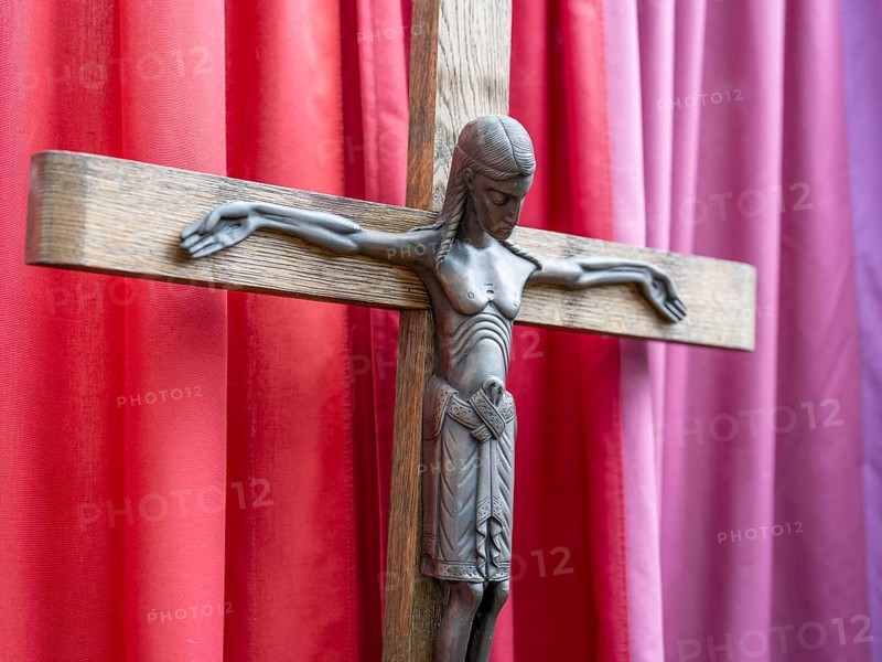 Crucifix in the entrance area of Germany's first private ecumenical motorway church Geiselwind Light on our way on the A 3 between Wuerzburg and Nuremberg