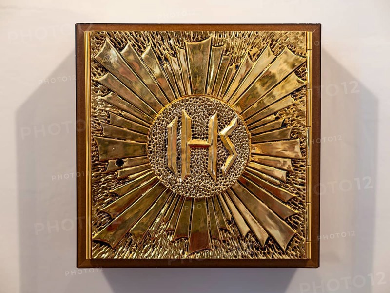 Tabernacle with Christ monogram IHS in Germany's first private ecumenical motorway church Geiselwind 'Light on our way' on the A 3 between Wuerzburg and Nuremberg