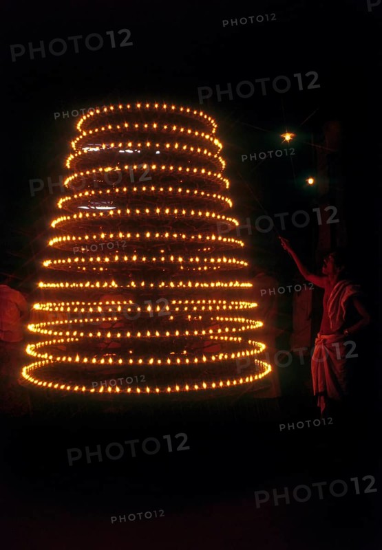 Big temple lamp in India. The 1000 wich oil lamp in the Chettikulangara Bhagavathi temple in the Alappuzha district of Kerala