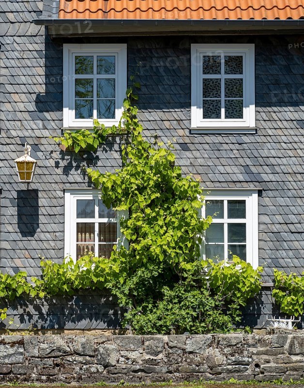 Facade covered with slate shingles of a former restaurant at the Auerhahnteich