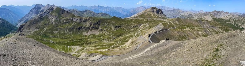 Panoramic view from Cime de la Bonette to the northeast on high alpine mountain landscape