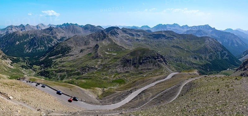 Panoramic view from Cime de la Bonette to the south on high alpine mountain landscape