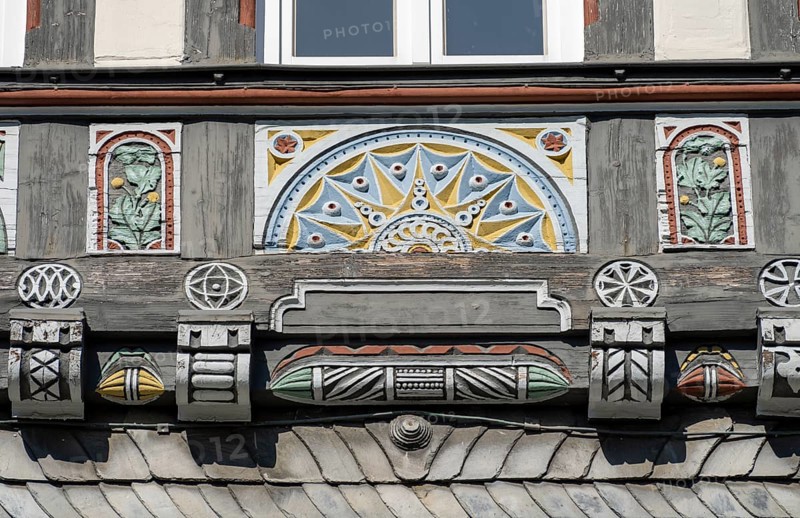 Half-timbered house decorated with carvings in the old town