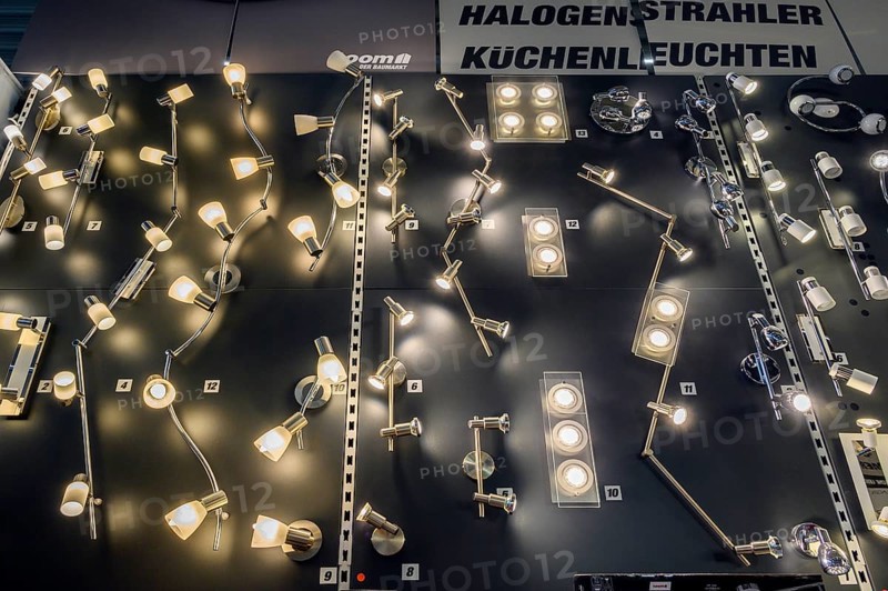 Halogen spotlights and LED lights in DIY store