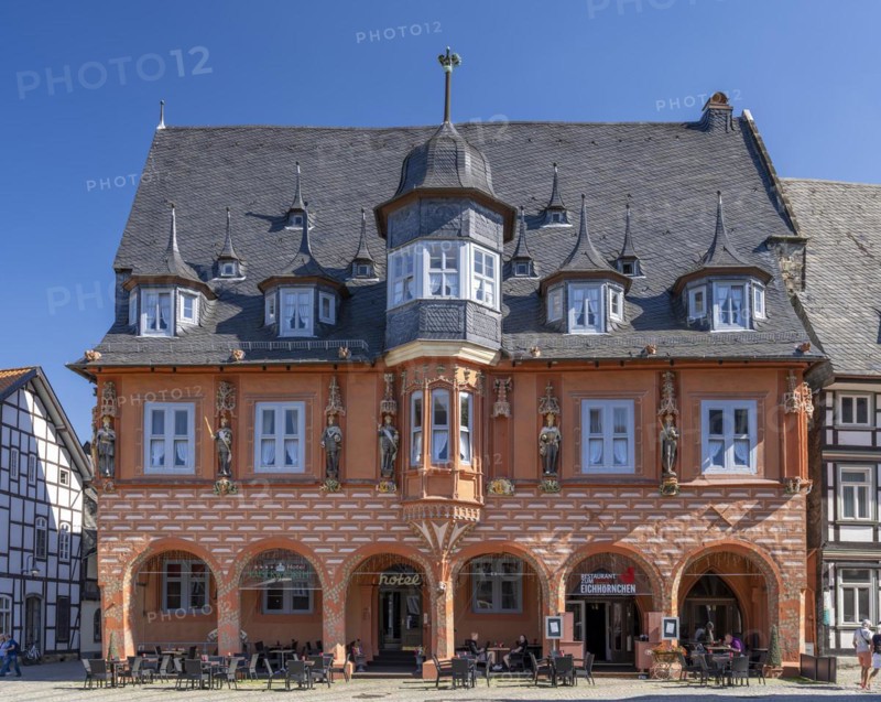 Historical guildhall Kaiserworth from1484 with wooden emperor figures