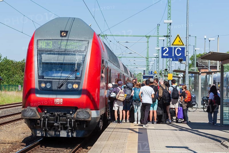 Many people standing crowded on a platform in front of a local train