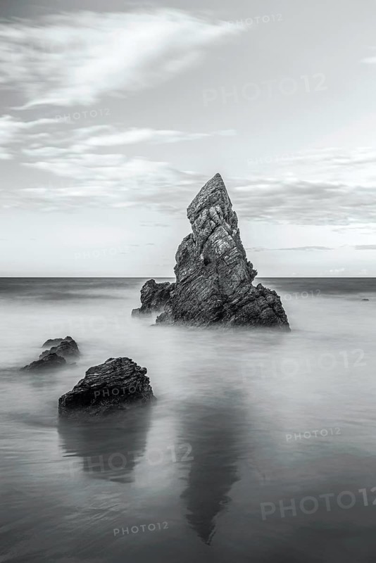 Rocks on Sango Sands Beach Bay Durness in long exposure black and white