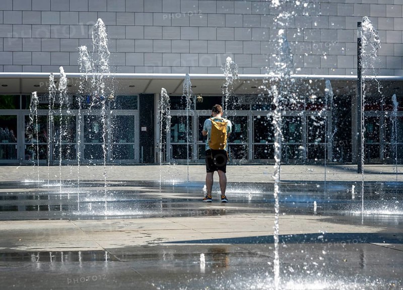 Water fountains on the forecourt of the Mercedes Benz Arena