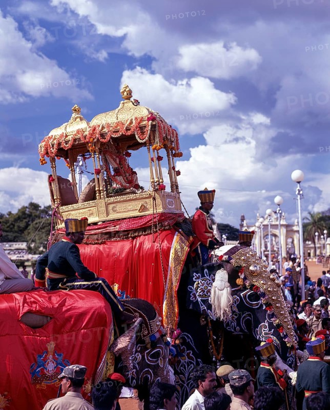Goddess Chamundeshwari placed in 750 kilograms of golden mantapa on the top of a decorated elephant in Dussera or Dasara procession during Navarathri festival in Mysuru or Mysore