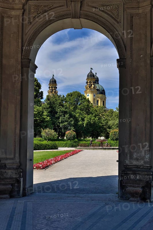 Courtyard garden with view of Theatine Church in summer