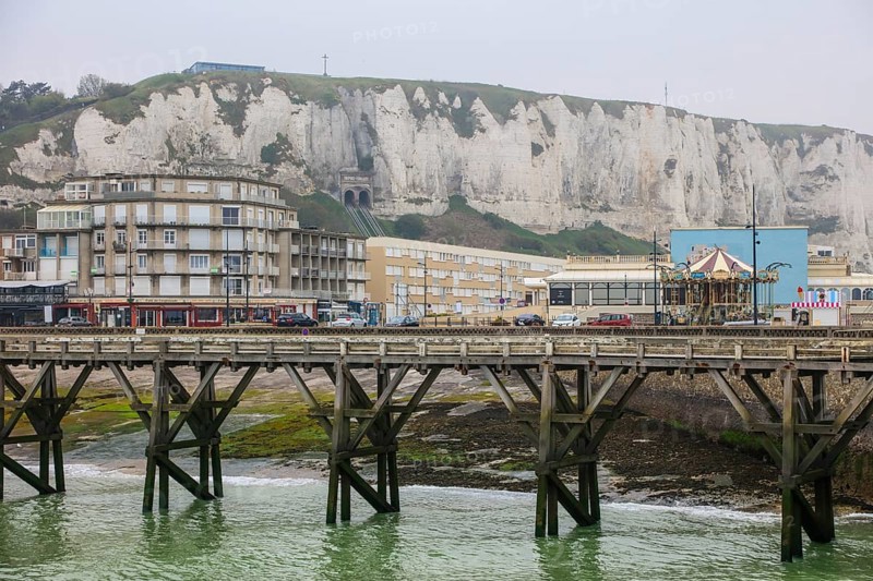 Coastal village of Le Treport at the mouth of the Bresle on the English Channel with Europe's highest chalk cliff and casino