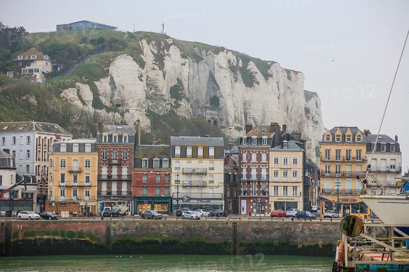 Coastal village of Le Treport at the mouth of the Bresle on the English Channel with the highest chalk cliff in Europe