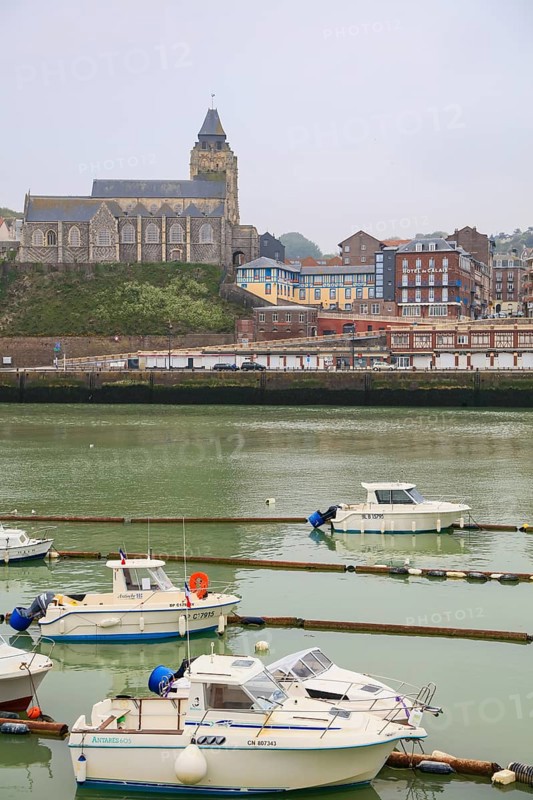 Coastal village of Le Treport at the mouth of the Bresle on the English Channel with Saint-Jacques church