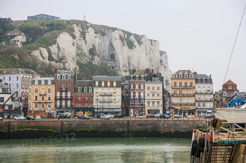 Coastal village of Le Treport at the mouth of the Bresle on the English Channel with the highest chalk cliff in Europe