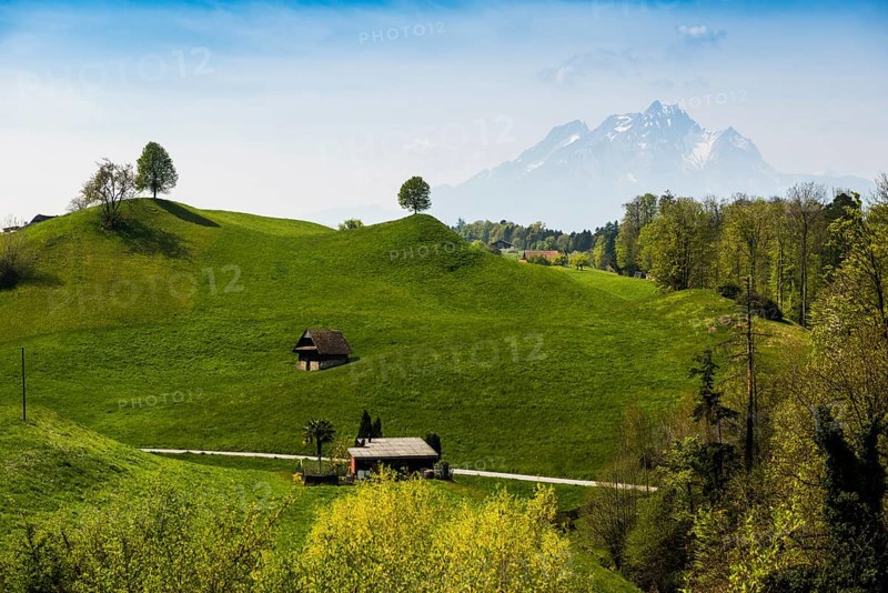 Panorama with huts and hills