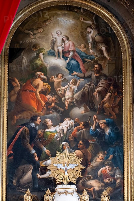 Altarpiece in the high altar of the collegiate parish church of St. Philip and St. James in Altoetting. The classicist altarpiece from 1791 is by Johann Jakob Dorner the Elder and shows Mary as the helper of Christianity. Next to it are the somewhat older figures of St Rupert and St Sebastian. Altoetting