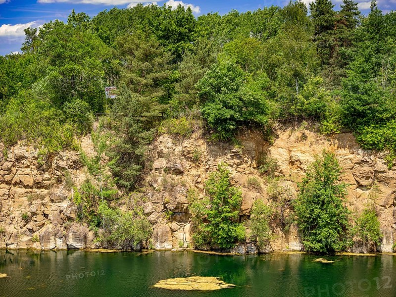 Rock face overgrown with trees at the former quarry