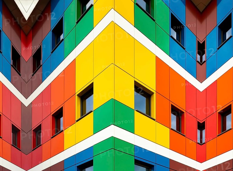 Multi-colored facades of the school with black window frames. Look up from the blue sky