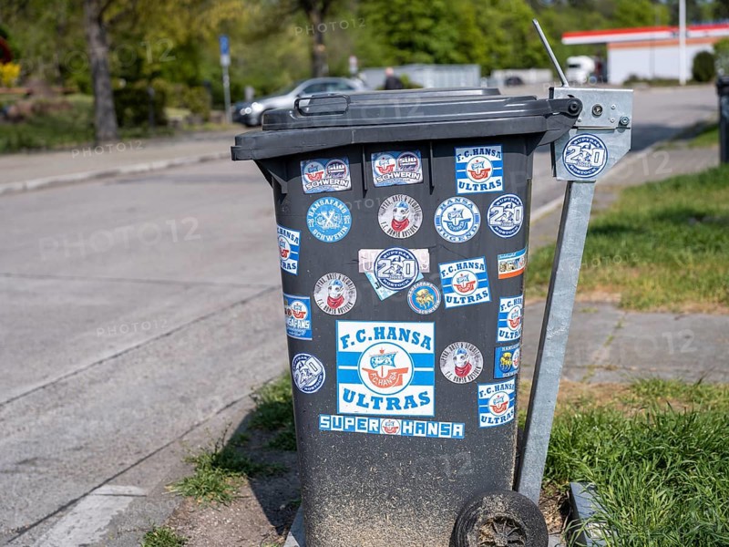 Bin with stickers of football fans and Ultras of FC Hansa Rostock at the motorway service station Hardtwald West