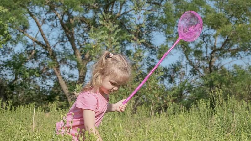 Little girl plays with butterfly net of tall grass in city park. Cute little girl is playing with aerial insect net in meadow on sun day. Odessa, Ukraine