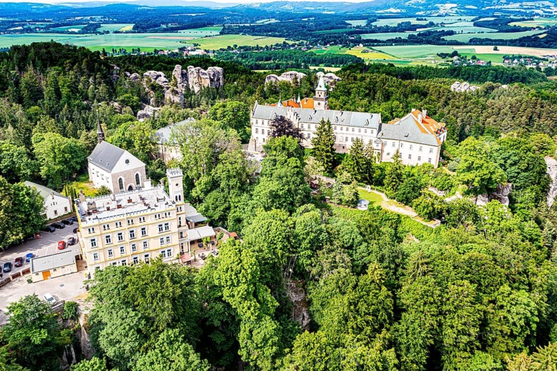 Aerial of Hruba Skala castle, Bohemian paradise
