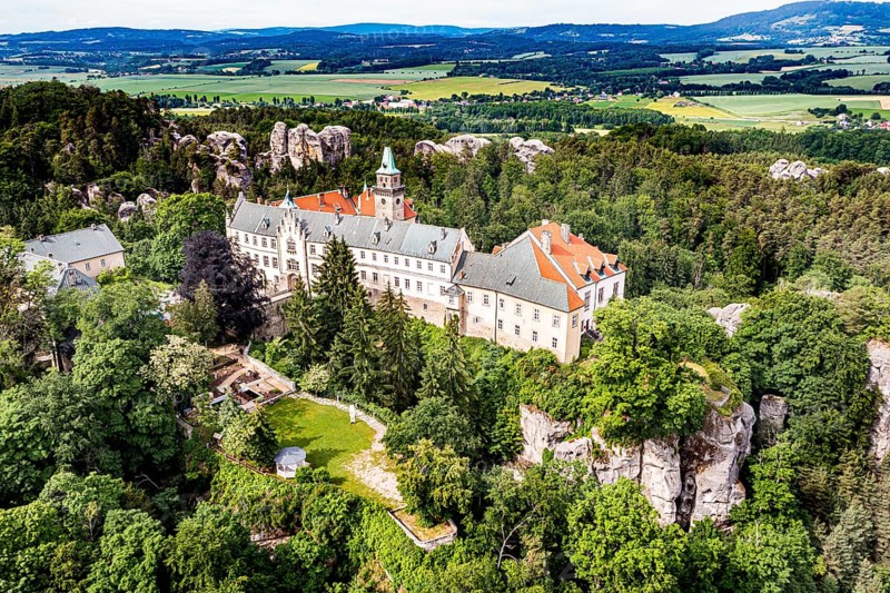 Aerial of Hruba Skala castle, Bohemian paradise