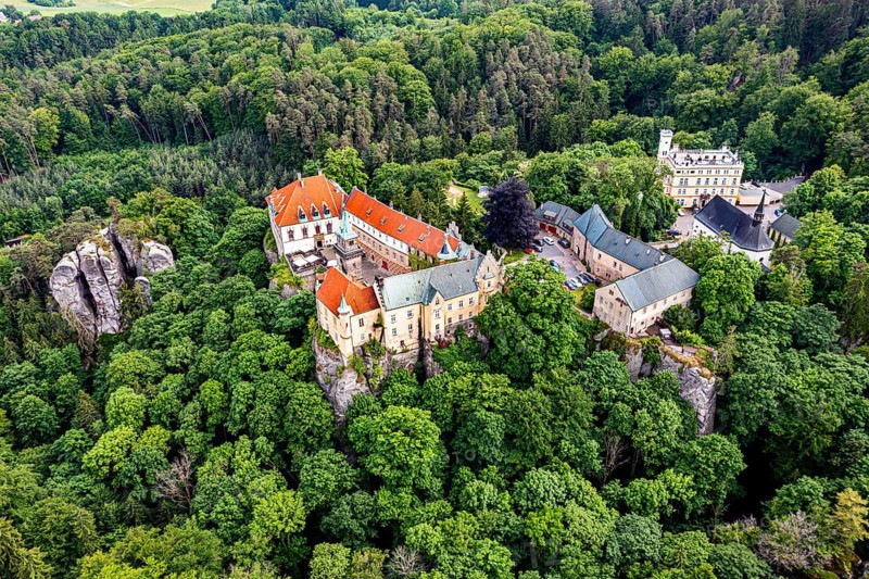 Aerial of Hruba Skala castle, Bohemian paradise