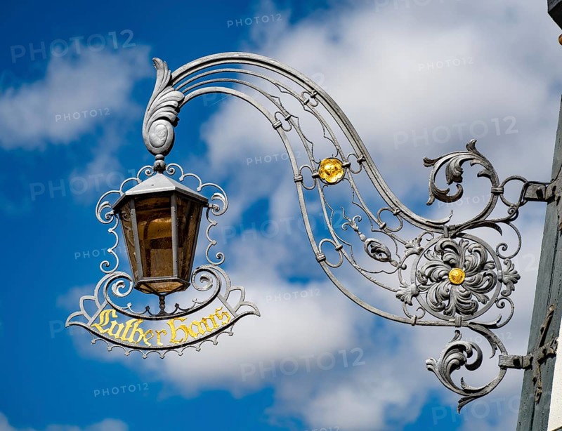 Lamp with nose sign at the Luther House in Eisenach. This is where the reformer Martin Luther lived with the Cotta family during his school years from 1498-1501, today museum